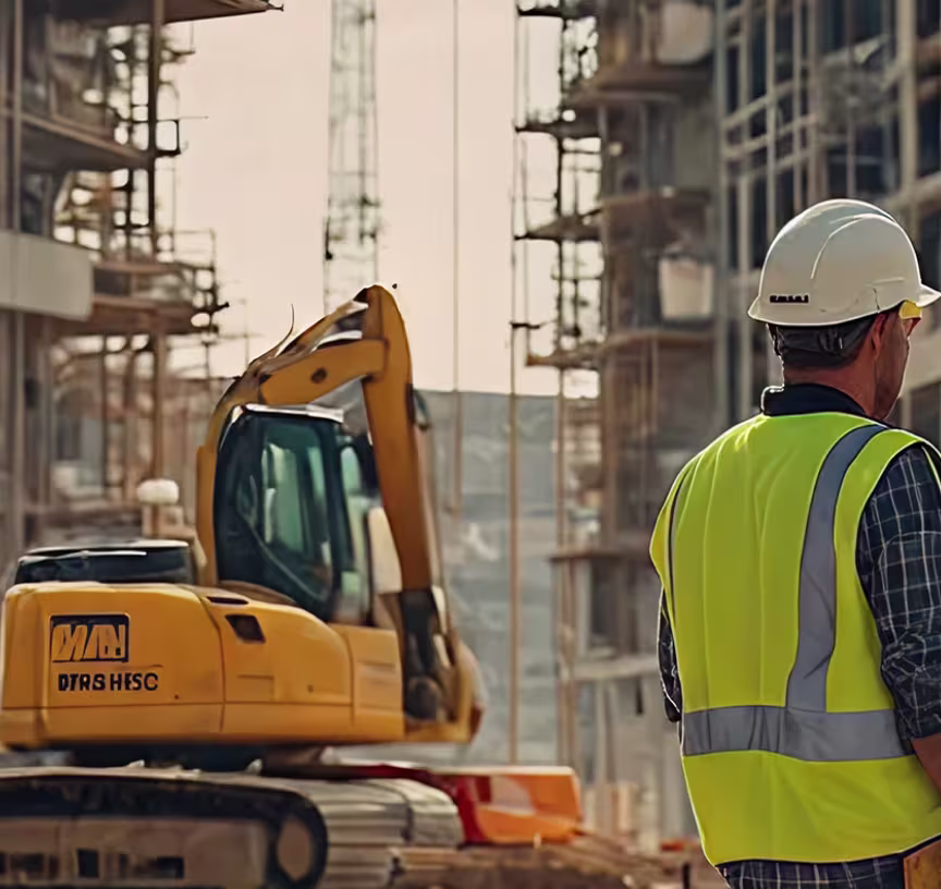 Person pointing at architectural blueprints with a blue hard hat resting on the plans in sunlight.