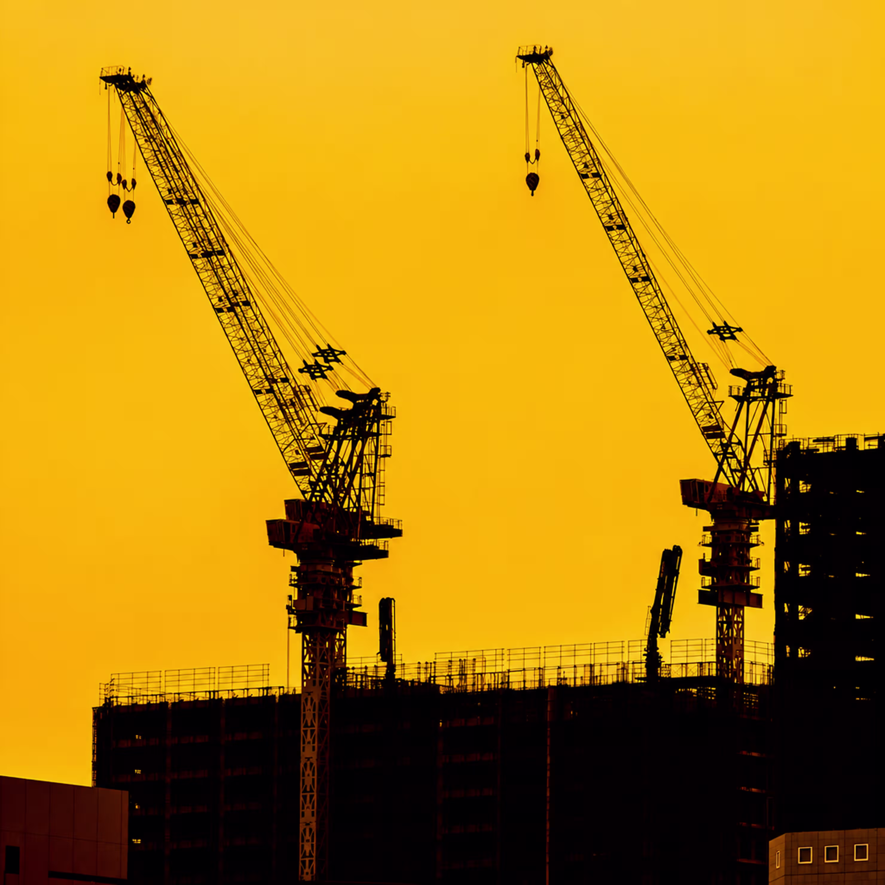 Silhouettes of two construction cranes over a building against a yellow sky at sunset.